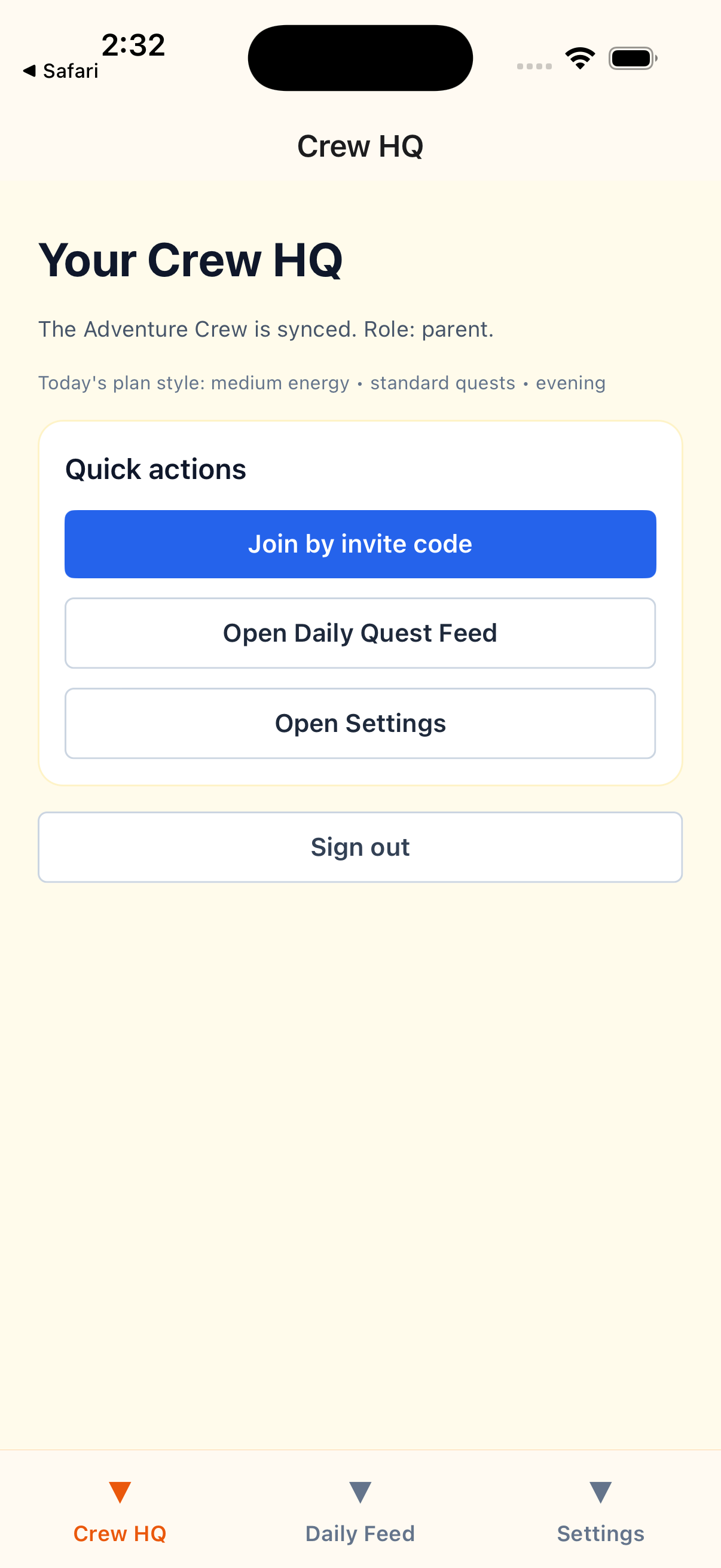 Parent Crew HQ with quick actions and invite flow.
