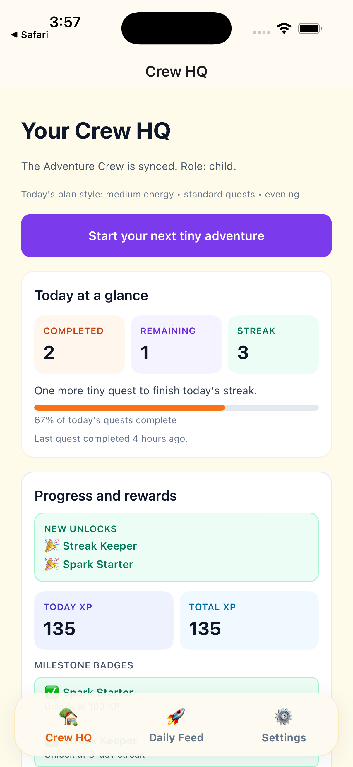 Crew HQ today at a glance with streak and XP.