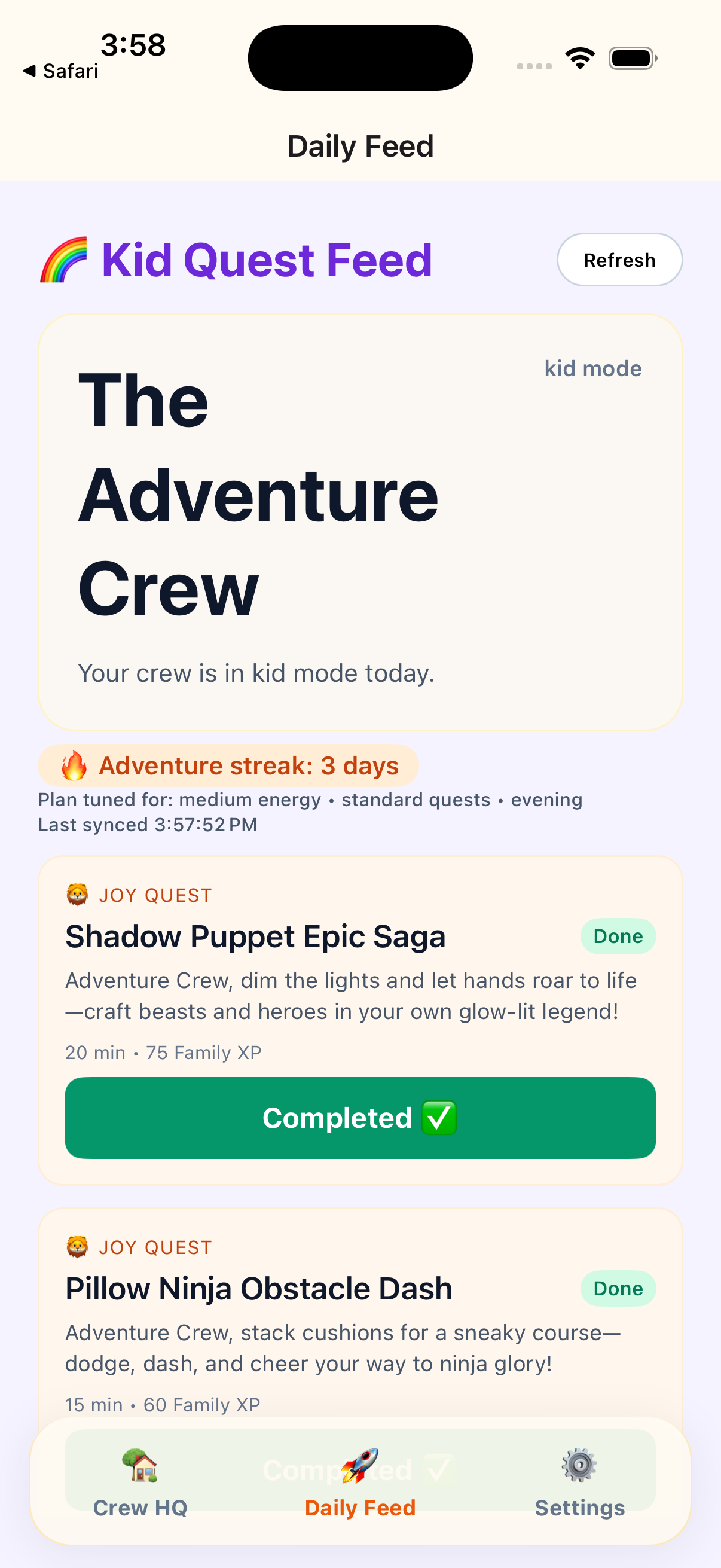Daily feed showing completed family quests and XP.