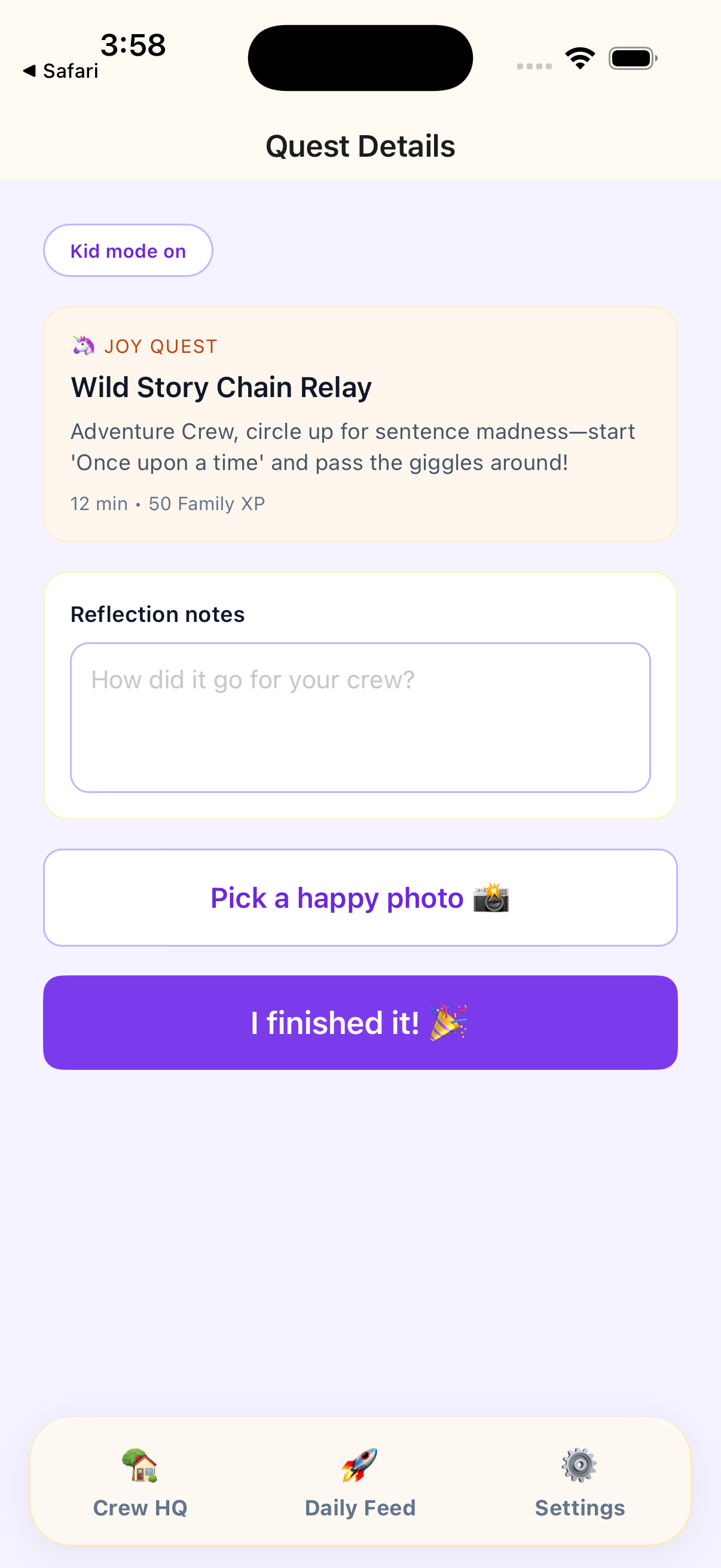 Quest detail screen with reflection notes and complete action.