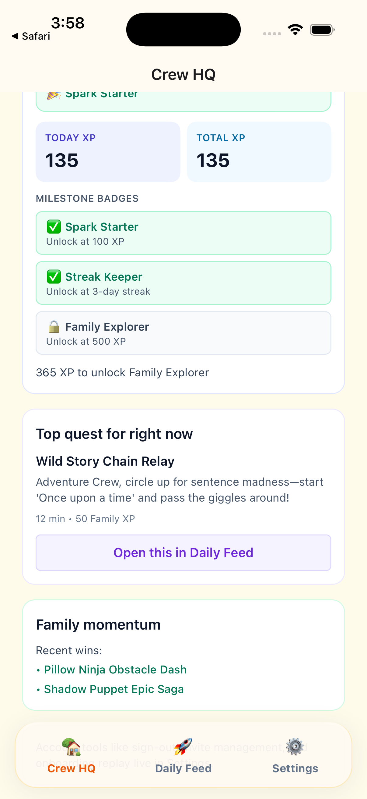 Crew HQ with milestone badges, top quest, and recent wins.