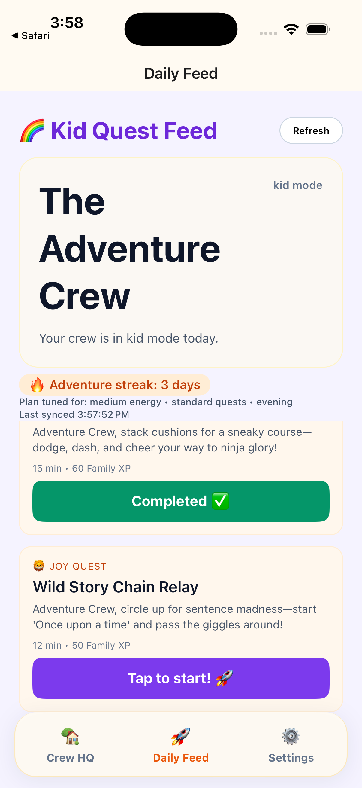 PlayQuest kid daily feed with streak, crew card, and active quest.